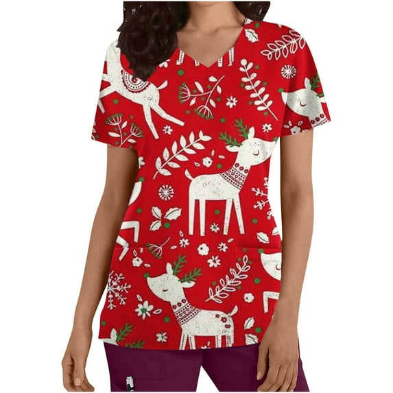 IROINNID Scrub Tops for Women Short Sleeve V-Neck Workwear Christmas Printing Tops With Pocket,Red B