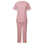 IROINNID Scrubs Sets for Women Medical Uniform Comfy Short Sleeve Tops and Pants with Pockets Two-Pieces,Pink