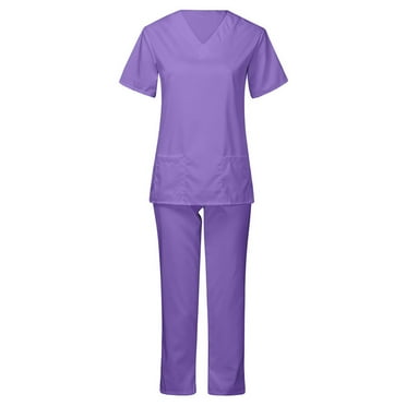 IROINNID Scrubs Sets for Women Medical Uniform Comfy Short Sleeve Tops and Pants with Pockets Two-Pieces,Purple