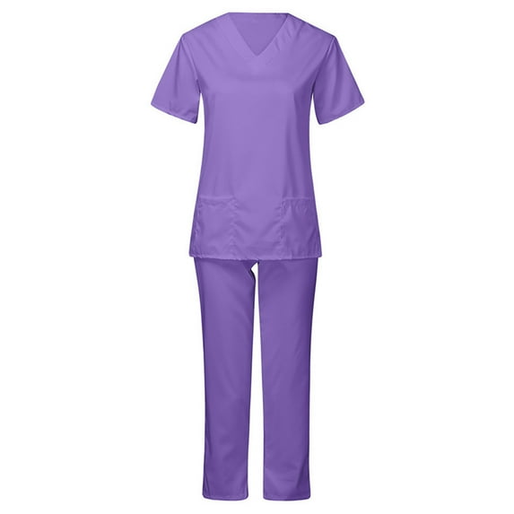 IROINNID Scrubs Sets for Women Medical Uniform Comfy Short Sleeve Tops and Pants with Pockets Two-Pieces,Purple