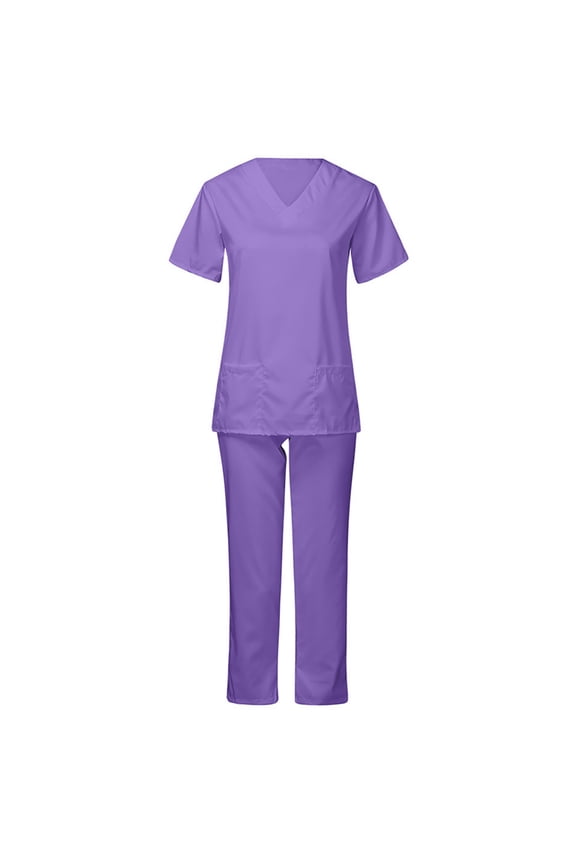 Scrubs Sets for Women Medical Uniform Comfy Short Sleeve Tops and Pants with Pockets Two-Pieces,Purple
