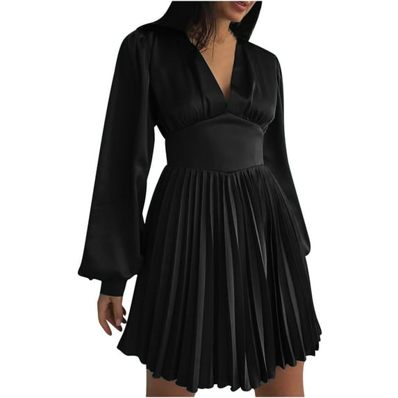 IROINNID Semi Formal Dress for Women Long Sleeve Empire Dress V-neck Back Zipper Trumpet Sleeves Pleated Satin Solid Color T-A-line High-Waist Dress,Black