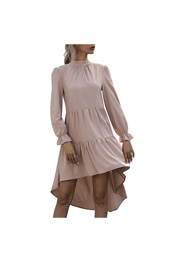 Semi Formal Dress for Women Long Sleeve Asymmetrical Dress Solid Round Neck Irregular Skirt Dress,Khaki