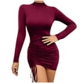 thumbnail image 1 of IROINNID Semi Formal Dress for Women Long Sleeve Bodycon Dress Solid Color Sexy Drawstring Waist Wrap Hip Round Neck Dress,Burgundy, 1 of 7