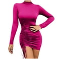 thumbnail image 1 of IROINNID Semi Formal Dress for Women Long Sleeve Bodycon Dress Solid Color Sexy Drawstring Waist Wrap Hip Round Neck Dress,Hot Pink, 1 of 7