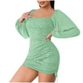 thumbnail image 1 of IROINNID Semi Formal Dress for Women Long Sleeve Mini Dress Fall Drawstring Bishop Sleeve Off-The-Shoulder Neck Dress,Green, 1 of 6