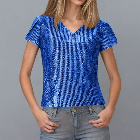 IROINNID Sequin Flower V-Neck Tops Women's Short Sleeve Party Blouse,Sparkly Solid Color Glitter T-Shirt for Special OCCASION(Blue,)