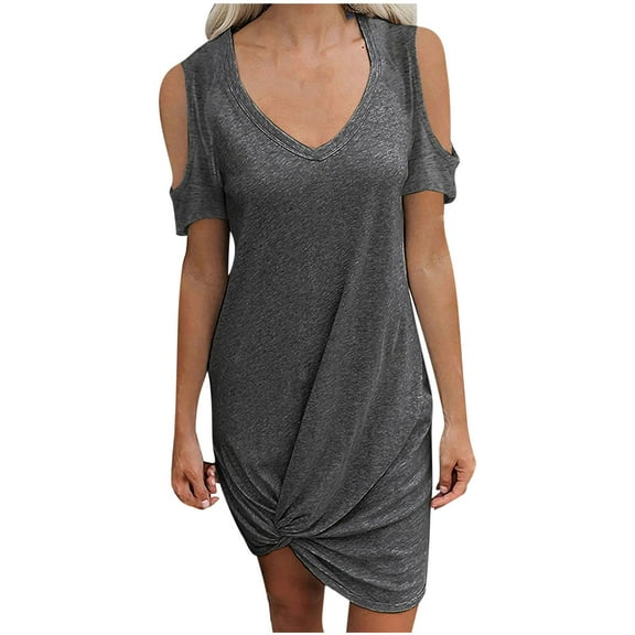 IROINNID Dresses For Women Elegant Semi-Formal Round Neck Strapless Solid Short Sleeve Loose Dress Cheap