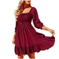 thumbnail image 1 of IROINNID Sexy Dresses For Women Vacation Date Dress Casual Temperament Square Neck Draw-cord Hollow 3/4 Bubble Sleeve Dress On Sale, 1 of 6