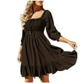 thumbnail image 1 of IROINNID Dresses For Women Vacation Date Dress Casual Temperament Square Neck Draw-cord Hollow 3/4 Bubble Sleeve Dress, 1 of 6