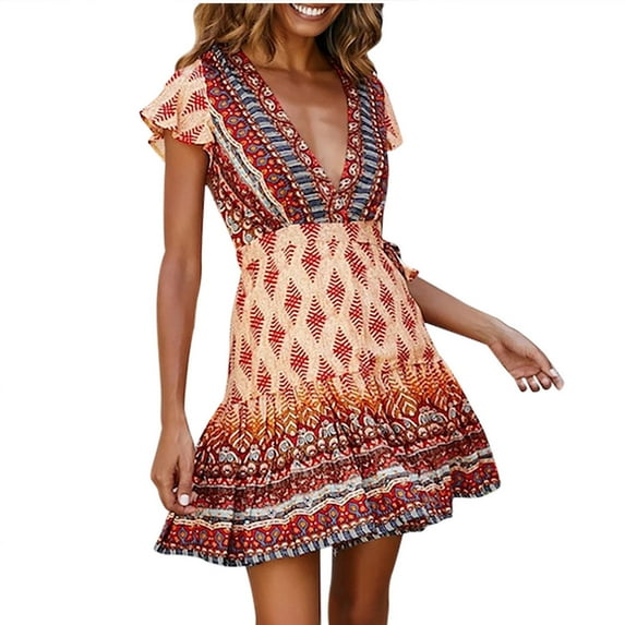 IROINNID Dresses For Women Vacation Solid Color Jumpsuit Short Sleeve Deep V Neck Dress Summer
