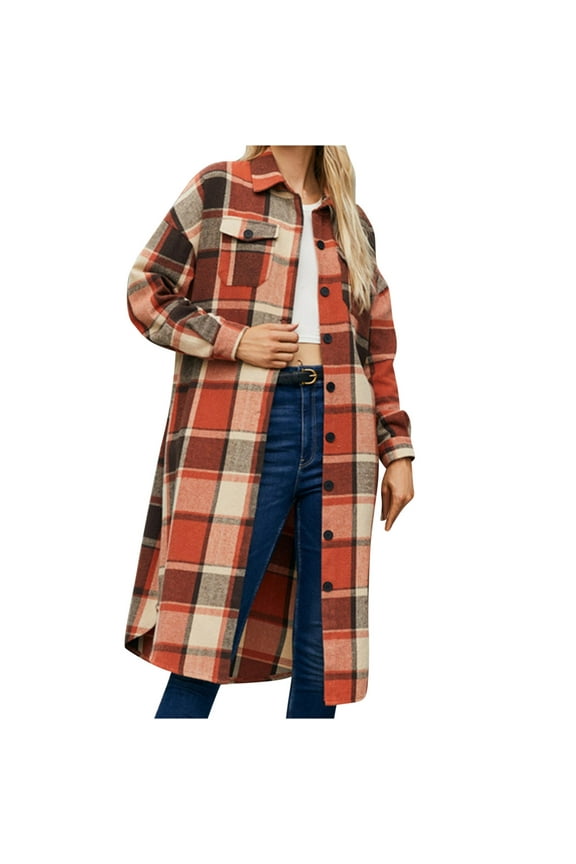 Shacket Jacket for Women Fall and Winter Plaid Button Down Maxi Shacket Coat Casual Daily Loose Coat with Pocket,Red