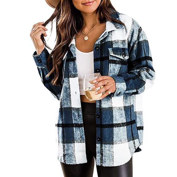 IROINNID Shacket Jacket for Women Flannel Plaid Jacket Casual Loose Long Sleeve Woolen Shirt Daily Jacket,Blue