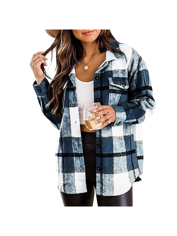 Shacket Jacket for Women Flannel Plaid Jacket Casual Loose Long Sleeve Woolen Shirt Daily Jacket,Blue