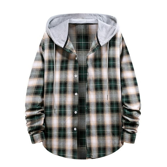 IROINNID Shacket for Men Button Down Casual Turndown Long Sleeve Closure Plaid Print Hooded Shirt,Army Green