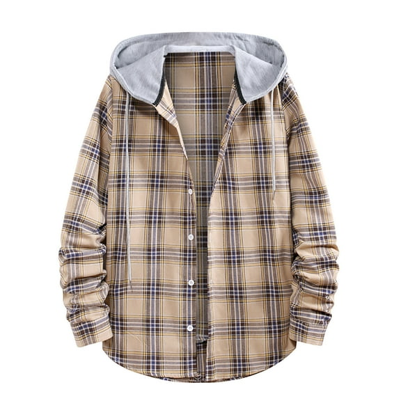 IROINNID Shacket for Men Button Down Casual Turndown Long Sleeve Closure Plaid Print Hooded Shirt,Khaki