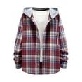 thumbnail image 1 of IROINNID Shacket for Men Button Down Casual Turndown Long Sleeve Closure Plaid Print Hooded Shirt,Red, 1 of 7