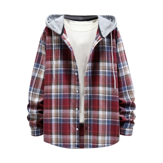 IROINNID Shacket for Men Button Down Casual Turndown Long Sleeve Closure Plaid Print Hooded Shirt,Red