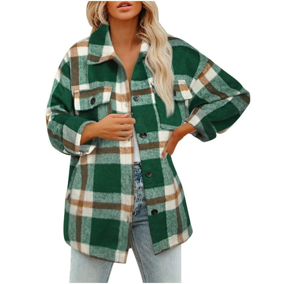 IROINNID Shacket for Women Autumn Winter Plaid Woolen Jacket Long Sleeve Turndown Collar Button Down Casual Shacket Tops,Green