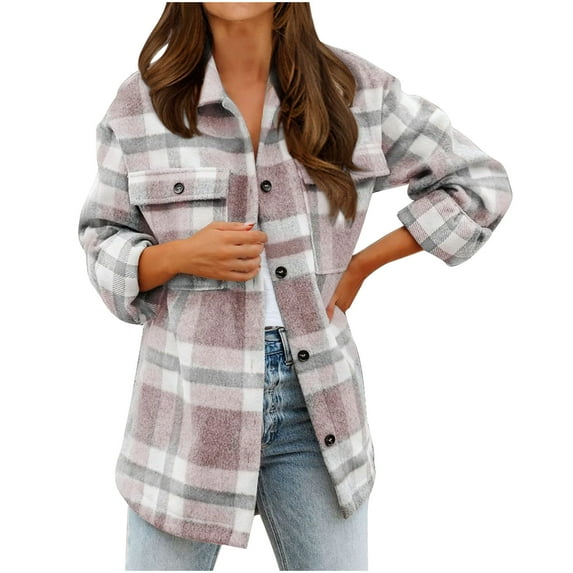 IROINNID Shacket for Women Autumn Winter Plaid Woolen Jacket Long Sleeve Turndown Collar Button Down Casual Shacket Tops,Pink