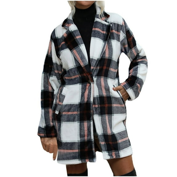IROINNID Shacket for Women Long Sleeved Button Down Turndown Lapel Wool Coat Long Sleeved Plaid Jacket,Black