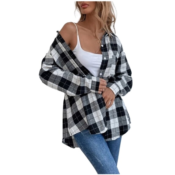 IROINNID Shacket for Women Casual Pockets Printed Long Sleeve Tops Jacket Plaid Shacket,Black