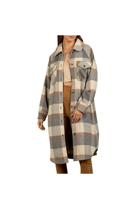 Shacket for Women Winter Turndown Lapel Long Sleeve Button Down Plaid Jacket with Pocket,Gray