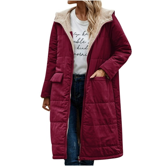 IROINNID Shearling Coat for Women Winter Casual Plush Thermal Loose Coat Zippered Oversized Warm Hooded Coat with Pocket,Burgundy