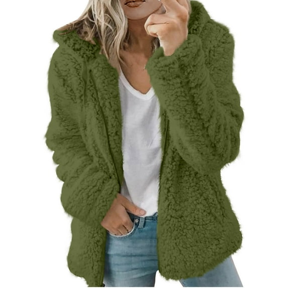 IROINNID Shearling Jacket for Women Casual Solid Winter Warm Jacket Zipper Hooded Plush Warm Loose Soft Coat,Olive Green