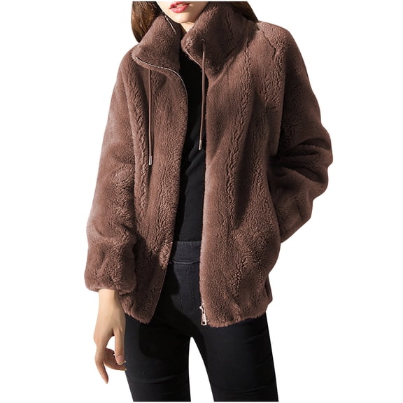 IROINNID Shearling Jacket for Women Plush Thick Winter Standing Collar Warm Jacket Zipper Casual Comfy Coat with Pocket,Brown
