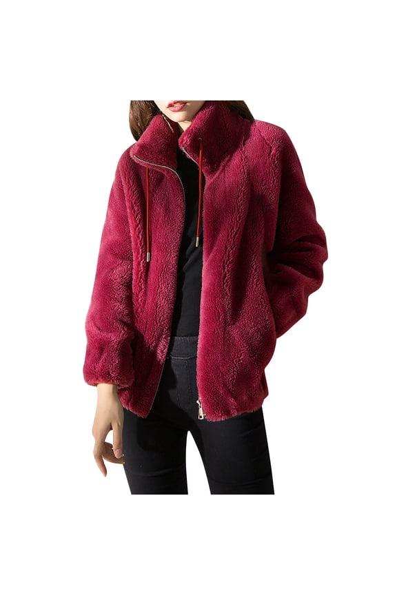 Shearling Jacket for Women Plush Thick Winter Standing Collar Warm Jacket Zipper Casual Comfy Coat with Pocket,Burgundy