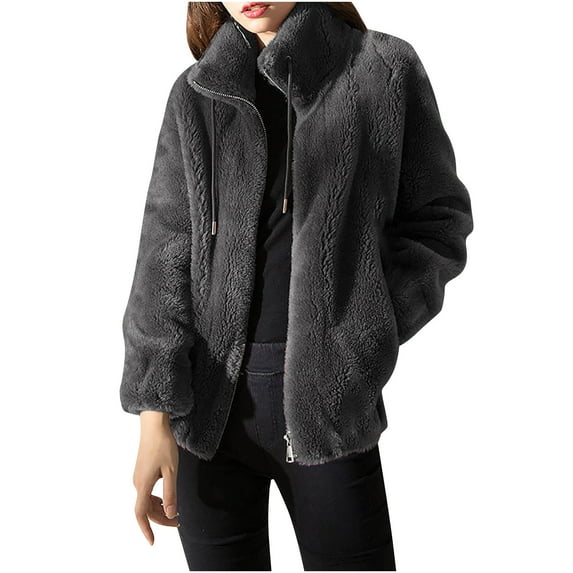 IROINNID Shearling Jacket for Women Plush Thick Winter Standing Collar Warm Jacket Zipper Casual Comfy Coat with Pocket,Gray