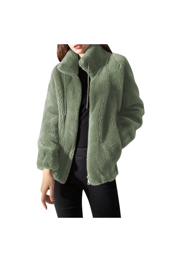 Shearling Jacket for Women Plush Thick Winter Standing Collar Warm Jacket Zipper Casual Soft Coat with Pocket,Green