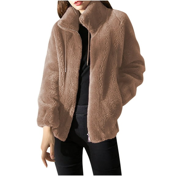 IROINNID Shearling Jacket for Women Plush Thick Winter Standing Collar Warm Jacket Zipper Casual Soft Coat with Pocket,Khaki