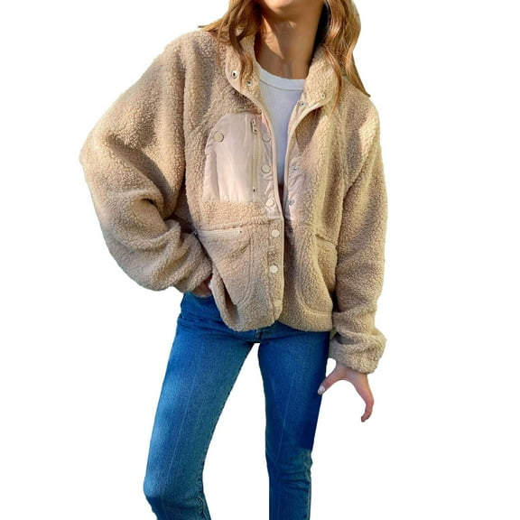 IROINNID Shearling Jacket for Women Winter Fall Button Down Y2K Shearling Jacket Warm Casual Fuzzy Trendy Jacket with Pocket,Khaki