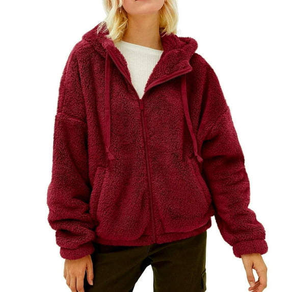 IROINNID Shearling Jacket for Women Winter Fall Fuzzy Warm Jacket Drawstring Hood Lightweight Trendy All-match Jacket with Pocket,Burgundy