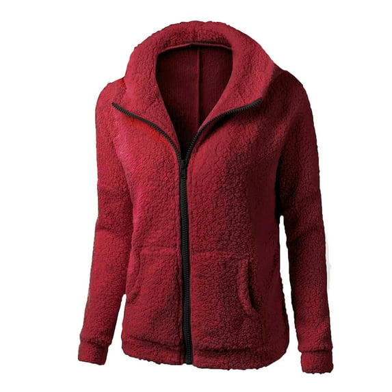 IROINNID Shearling Jacket for Women Winter Fall Warm Jacket Lightweight Trendy Zipper Closure Hooded All-match Casual Coat,Red