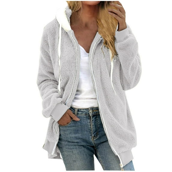 IROINNID Shearling Jacket for Women Winter Fall Zip Up Long Sleeve Drawstring Hood Jacket Warm Casual Daily Warm Jacket with Pocket,Gray