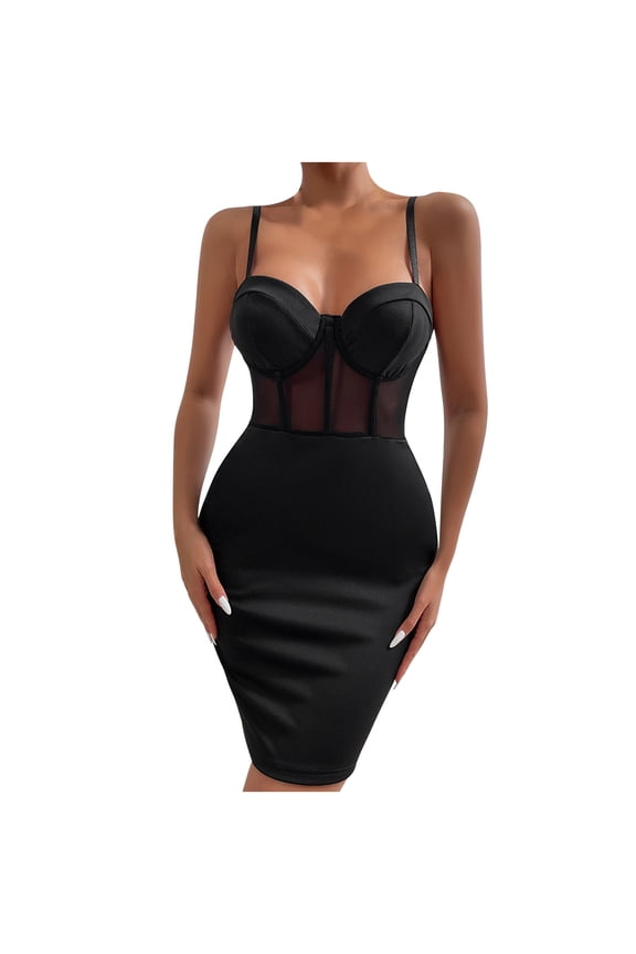 Sheath Dress For Women Regular Sleeveless Back Fashion Splicing Lace Sling Pack Hip Dress V-Neck Solid Color Dress