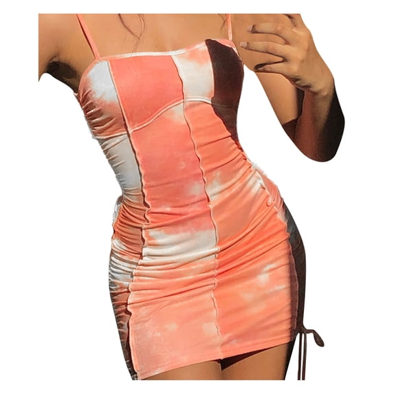 IROINNID Sheath Dress For Women Square Neck Fashion Tie-dye bandage Sexy Casual Suspender Dress Tie-Dye Elastic Waist Sleeveless Dress