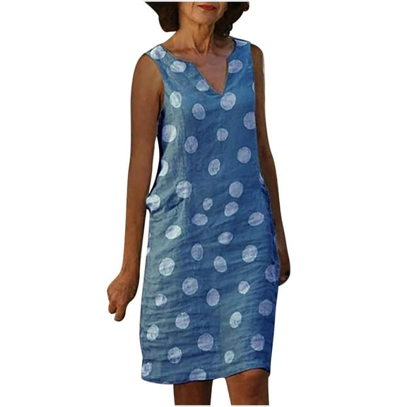 IROINNID Shift Dress For Women Fashion Casual Print Dot Dress Big Swing Sleeveless Mini Dress V-Neck Knee-Length Dress