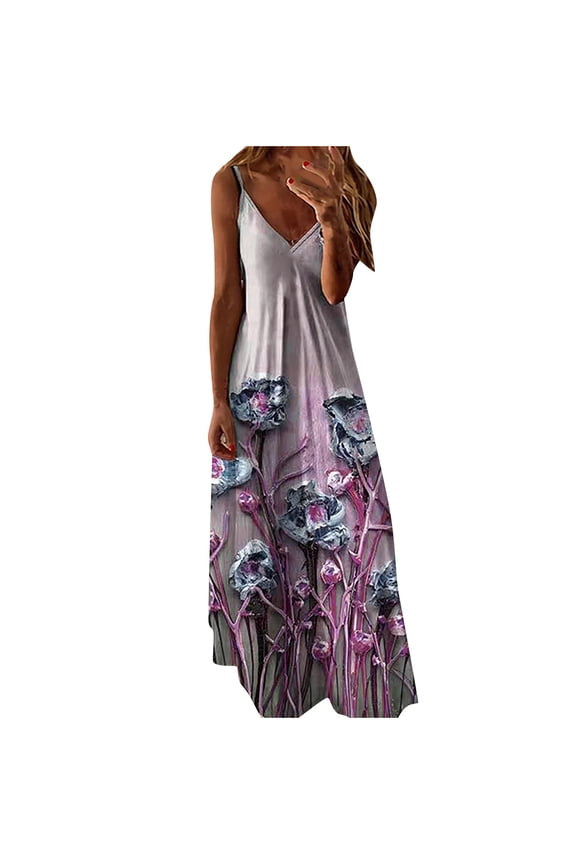 Shift Dress For Women Fashion Casual Printed Loose Sling Dress V-Neck Full-Length Dress