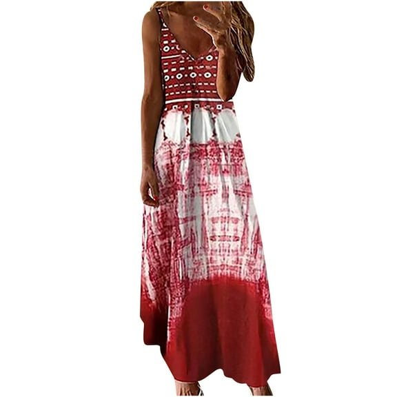 IROINNID Shift Dress For Women Fashion Summer Casual Printing Loose Sleeveless Dress V-Neck Full-Length Dress