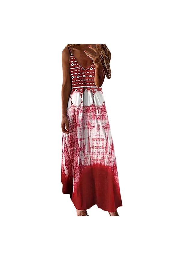 Shift Dress For Women Fashion Summer Casual Printing Loose Sleeveless Dress V-Neck Full-Length Dress