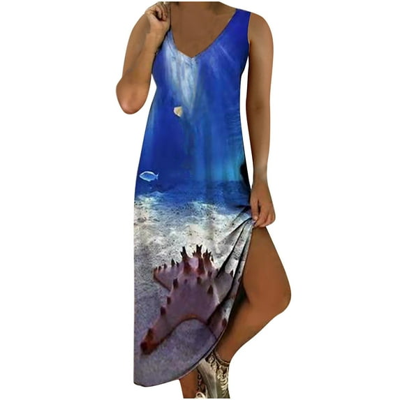 IROINNID Shift Dress For Women Fashion Summer Gorgeous Casual Sleeveless Printing Long Dress V-Neck Below The Knee Dress