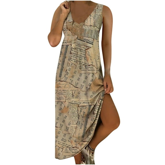IROINNID Shift Dress For Women Fashion Summer Gorgeous Casual Sleeveless Printing Long Dress V-Neck Below The Knee Dress