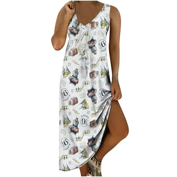 IROINNID Shift Dress For Women Fashion Summer Gorgeous Casual Sleeveless Printing Long Dress V-Neck Below The Knee Dress