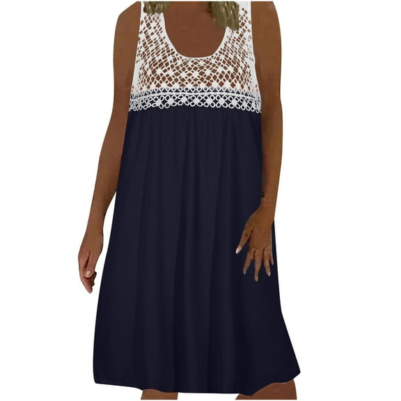 IROINNID Shift Dress For Women Regular Sleeveless Casual Loose Lace Panel Dress Round Neckline Solid Color Dress