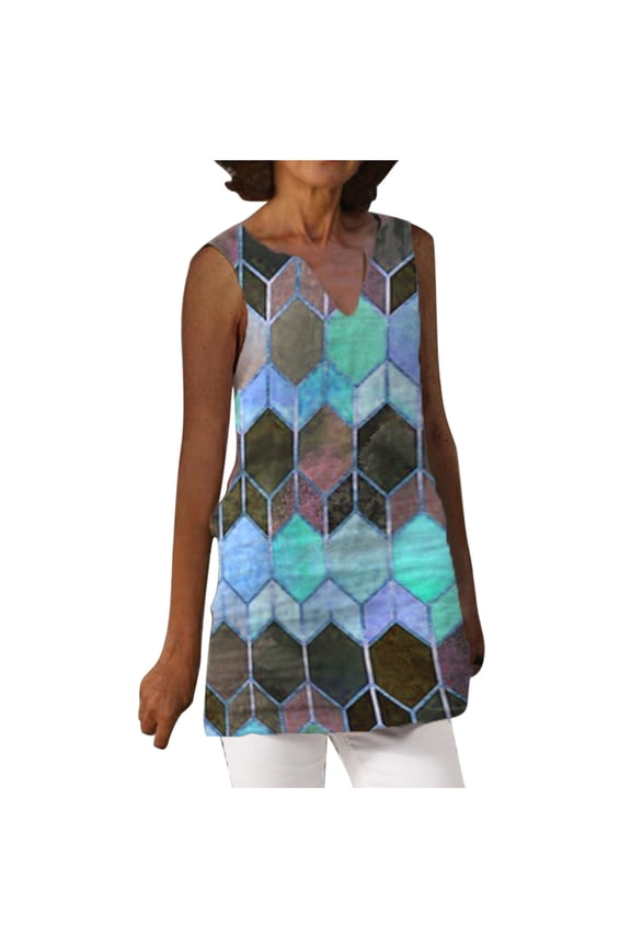 Shift Dress For Women Sleeveless Printed Checkered Loose Casual Dress Vest Dress V-Neck Knee-Length Dress