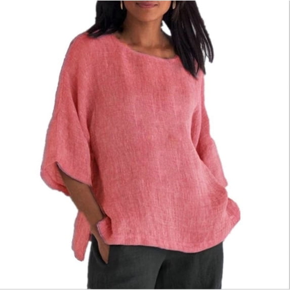IROINNID Shirt for Women Ladies Cropped Sleeves Round Neck Cotton Loose Shirt Blouse Pink